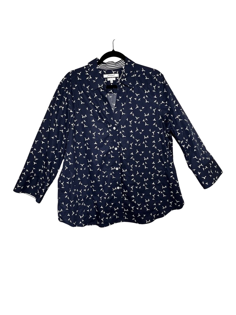 FOXCROFT NYC Button Shirt Womens XXL Navy White Bird Print Cotton Easy Care